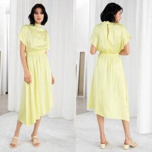 NWT & Other Stories Butter Yellow Asymmetric High Neck Satin Midi Dress Size 10